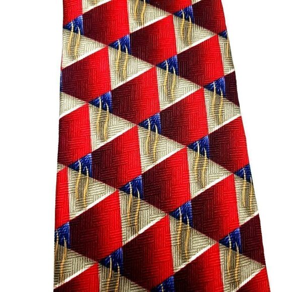 JZ Richards Silk Tie Print Red Geometric Wide Hand Made - Picture 2 of 7